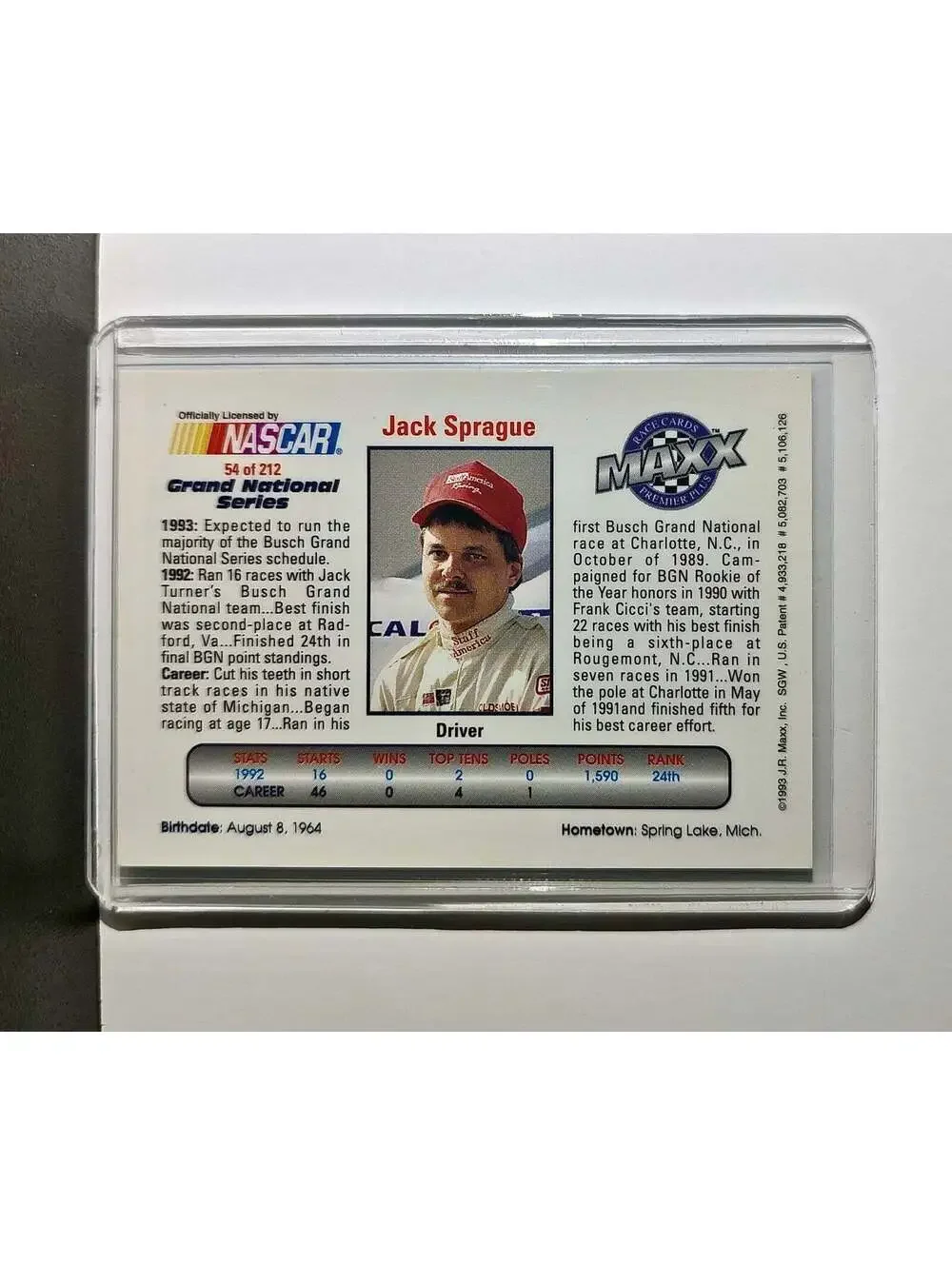 Jack Sprague 1993 Maxx Premier Plus Racing #54 NASCAR Card BACE Motorsports